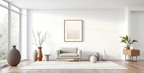 Modern interior living room features an armchair and decorative accessories against a white-colored wall- 3D rendering
