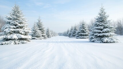 Snowy winter trees, a pathway through a snow-covered field, serene landscape, perfect for winter holidays, nature