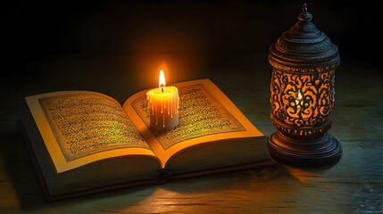 Illuminated Quran, candle, lantern, dark background; religious study, peace