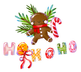 Gingerbread man with candy stick lollypop, fir spruce branch. Hand drawn noel christmas winter holiday hand drawn illustration. Cartoon hand drawn illustration. Greeting card