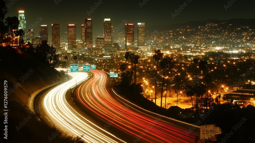 Poster blurred motion effect of a highway with streaks of car lights, conveying high-speed movement against