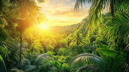 Naklejka premium Sunset over a tropical jungle valley, golden light highlighting the lush foliage, symbolizing nature beauty and sustainability