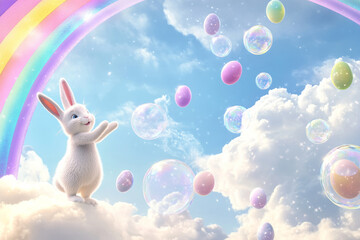 A dreamy Easter Bunny standing on a rainbow, tossing pastel-colored Easter eggs into the sky, which turn into floating, glowing bubbles.