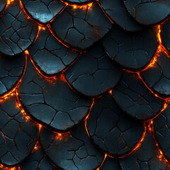 Seamless dark dragon scale pattern with glowing fiery accents