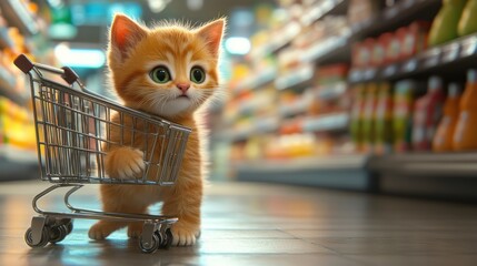 Kitten grocery shopping cart aisle supermarket