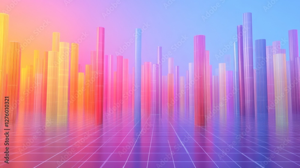 Poster colorful d bars rising from a digital grid floor, with subtle lighting and a gradient background to 
