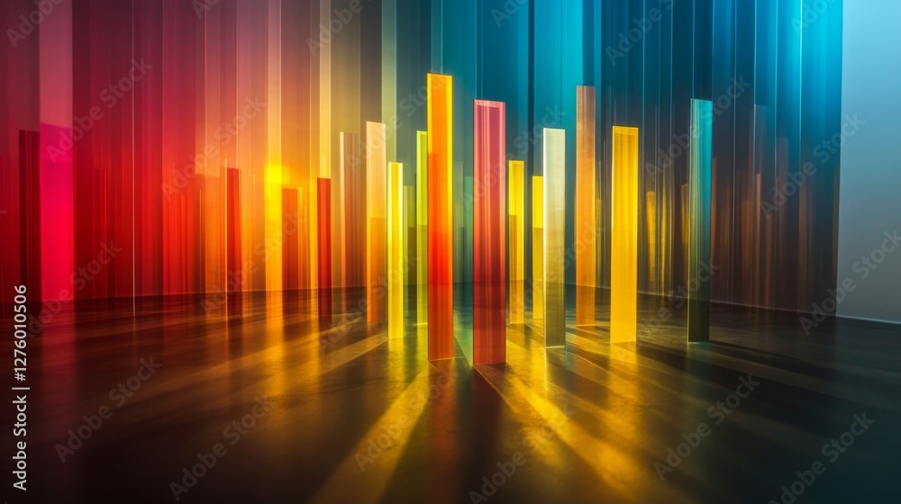 Leinwandbilder Colorful D bar graph with tall, transparent bars on a reflective surface, casting shadows and illuminated by soft ambient lighting