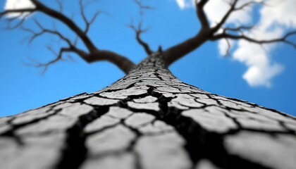 Cracked Tree Trunk Against Blue Sky Nature Photography
