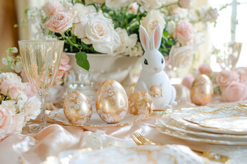 A luxurious Easter Bunny scene featuring elegant, gold-foil patterned eggs displayed on a silk-draped table with fresh roses.