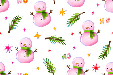 Snowman spruce fir branch seamless pattern.  Winter mood holidays. Christmas endless background. Happy holidays design print wrap