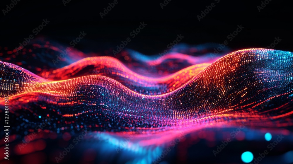 Fototapete dynamic data wave in vibrant neon colors, representing digital information flow on a black backgroun