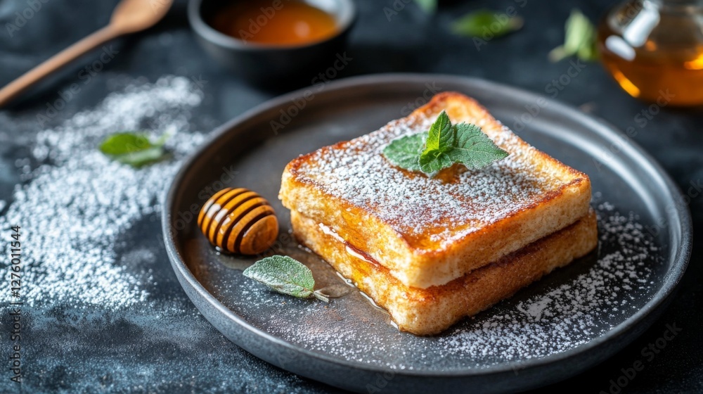 Poster fluffy cinnamon toast dusted with powdered sugar, with a small dish of honey on the side for a warm 