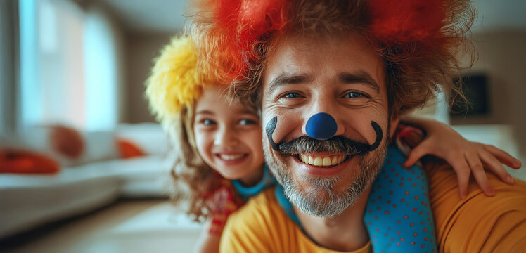 Concept for April 1st. Funny dad with a red clown nose and cheerful daughter. Prank for April Fool's Day. Father's Day.