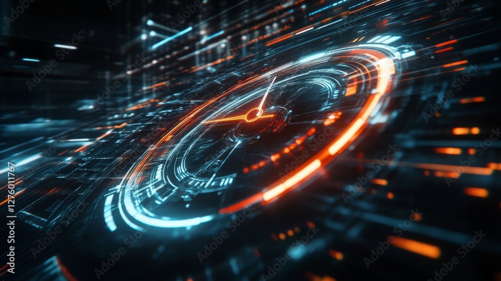 Aufkleber futuristic digital speed gauge with glowing lines, needle pointing to maximum, set against a dark hi