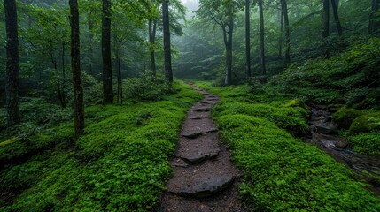 Misty Forest Trail Winding Through Lush Green Undergrowth