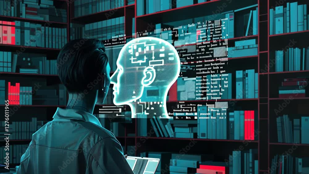 Poster unique interaction takes place in a modern library, showcasing ai technology visualizing thoughts an