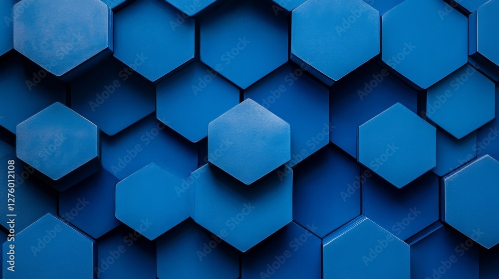 Poster hexagonal geometric patterns in cool blue tones, layered with shadows and textures for a modern, tec