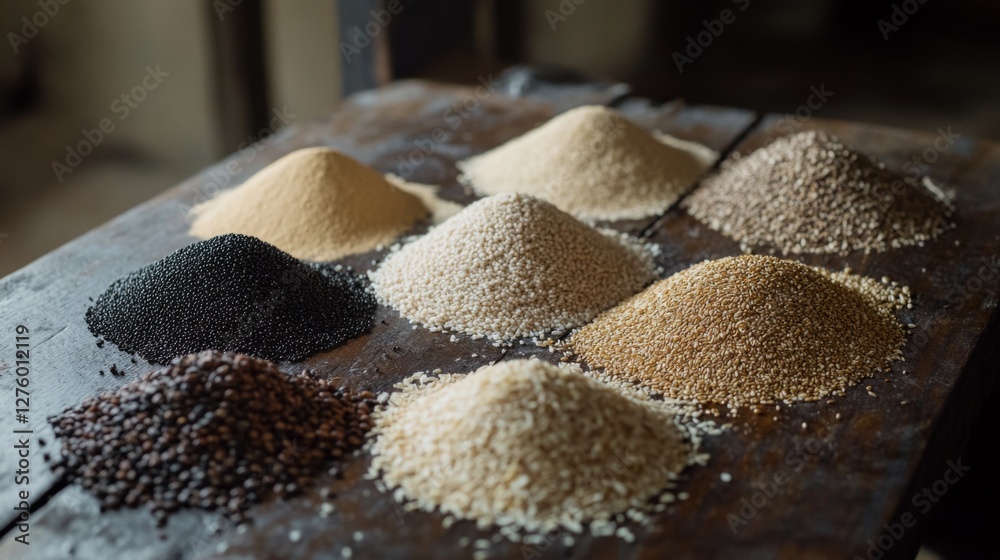 Poster High-angle view of various raw grains in neat piles on a dark wooden background, showing rich colors and textures of natural grains