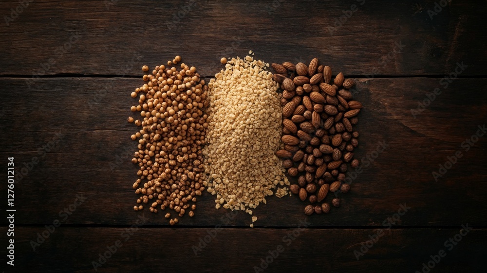 Poster High-angle view of various raw grains in neat piles on a dark wooden background, showing rich colors and textures of natural grains