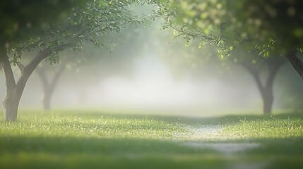 Serene Morning Mist in a Green Orchard