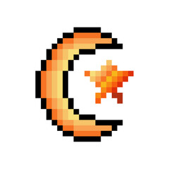 Crescent moon and stars in pixel art
