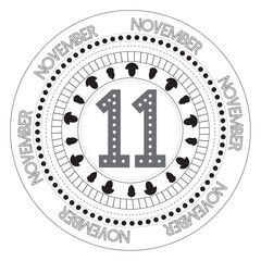 Round pattern with the number eleven in the middle and mushroom acorn in a circle. Calendar for November.