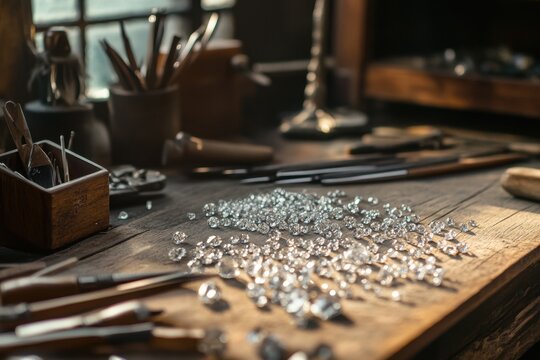 Jeweler's crafting process featuring diamonds workbench tools and loose gemstones in a traditional workshop capturing the artistry and precision of jewelry making