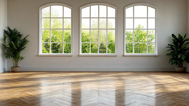 Spacious empty room with large windows and plants, perfect for home decor or yoga retreats