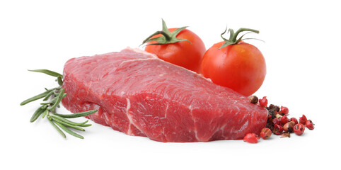 Piece of raw beef meat, rosemary, peppercorns and tomatoes isolated on white