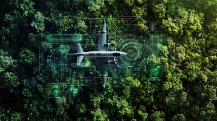 A digital representation of a plane in flight over a green jungle, surrounded by high-tech environmental monitoring graphics