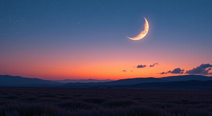 Twilight Moon Landscape: Serene evening sky for banners, backgrounds, calming visuals, peaceful designs, inspirational content.