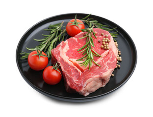 Piece of raw beef meat, spices and tomatoes isolated on white