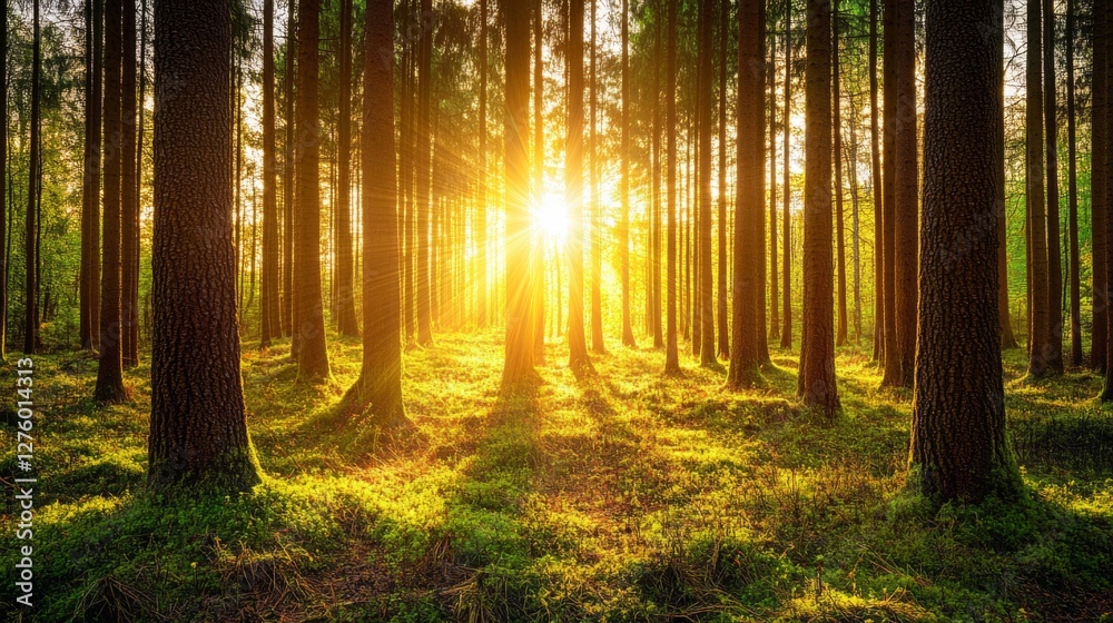Poster Sunset view with warm, golden sunlight streaming through a forest, illuminating the trees and creating a beautiful contrast