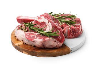 Pieces of raw beef meat and spices isolated on white