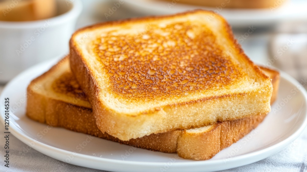 Poster thick slices of toast with a caramelized sugar crust, set on a simple white plate, evoking a warm an