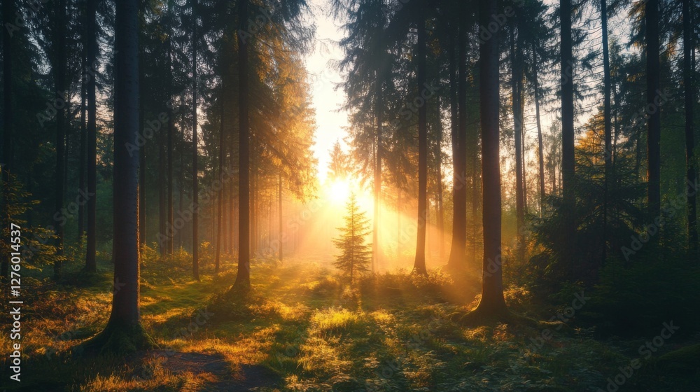 Poster Sunset view with warm, golden sunlight streaming through a forest, illuminating the trees and creating a beautiful contrast