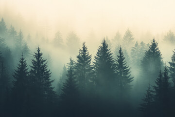 Fototapeta premium A misty forest silhouette with layered trees fading into an atmospheric gradient. A calming and mysterious nature-inspired backdrop.