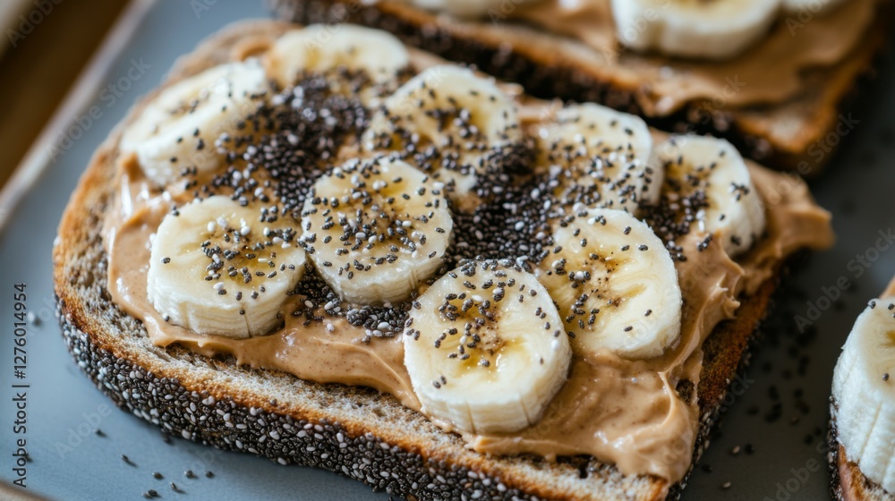 Poster Toast topped with creamy peanut butter and banana slices, sprinkled with chia seeds, creating a nutritious and delicious breakfast option