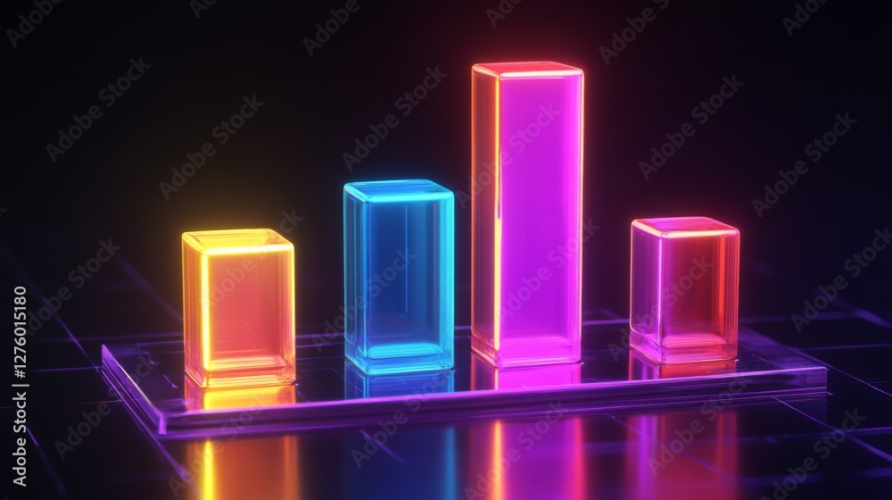 Poster transparent d bar graph with glowing edges, set against a dark background for a modern, tech-inspire