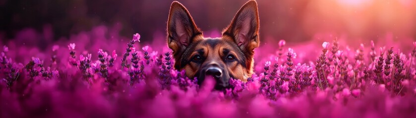 Shepherd Dog in Lavender Field Looking Upward With Anticipation Awaiting a Command or Treat in the Bright Sunny Air