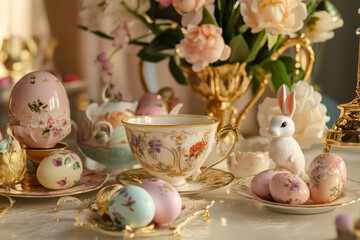 A luxurious Easter Bunny-themed tea party scene, featuring elegant porcelain teacups, floral-patterned eggs, and golden accents.