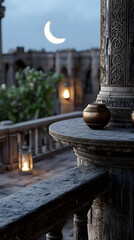 Ramadan Kareem greeting. Islamic crescent moon and lantern. End of fasting. ramadan decorations, Eid al-Fitr. Breaking of holy fast day. Muslim holiday. Arab night sky.	