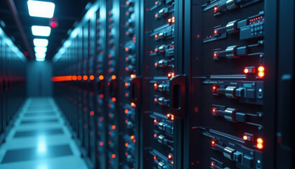 Futuristic Server Room in Dark Metallic Style with Red and Blue Lighting for Data Center Infrastructure