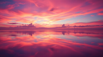 Obraz premium A surreal sunset over a glassy ocean, where the sky is painted in vibrant shades of pink, purple, and orange. The water reflects the sky perfectly, creating a dreamlike mirror effect.