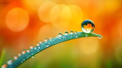 Dew Drops on Grass Blade Reflecting Sunlight in Macro Detail