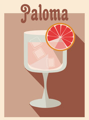 Paloma Cocktail retro poster. Popular alcohol drink. Vintage flat vector illustrations for bar, pub, restaurant, kitchen wall art print.