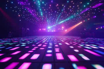 A 90s-themed dance club with a light-up disco floor, massive speakers blasting electronic beats, and colorful laser lights illuminating the scene.