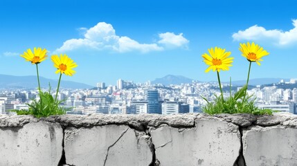 Wildflowers Blooming Over Cityscape - Vibrant yellow wildflowers bravely sprouting from a cracked urban wall, symbolizing resilience, hope, nature's persistence, urban renewal, and life's tenacity
