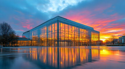 Fototapeta premium Modern building sunset reflection urban landscape architecture design