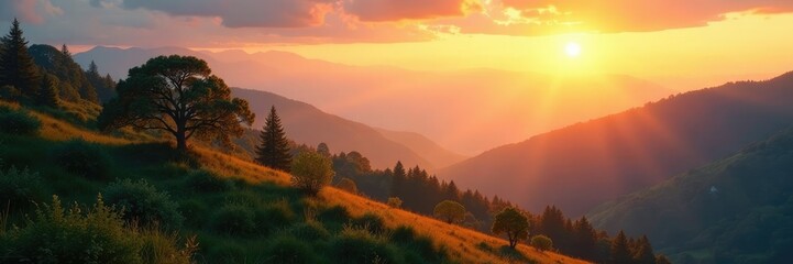 Soft dawn light warms a landscape of trees and hills, serene, trees